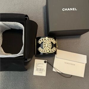 Chanel CC Pearl Logo Black Resin Cuff Bracelet Bangle Box Receipt Tags